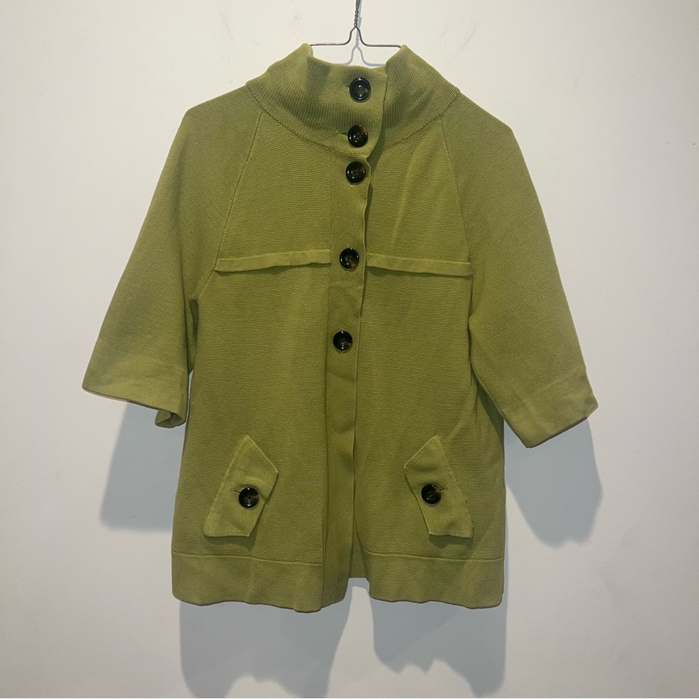 Chico’s Chartreuse Lime Green Sweater Size 1 (Medium) 1/2 Sleeve Cardigan GUC